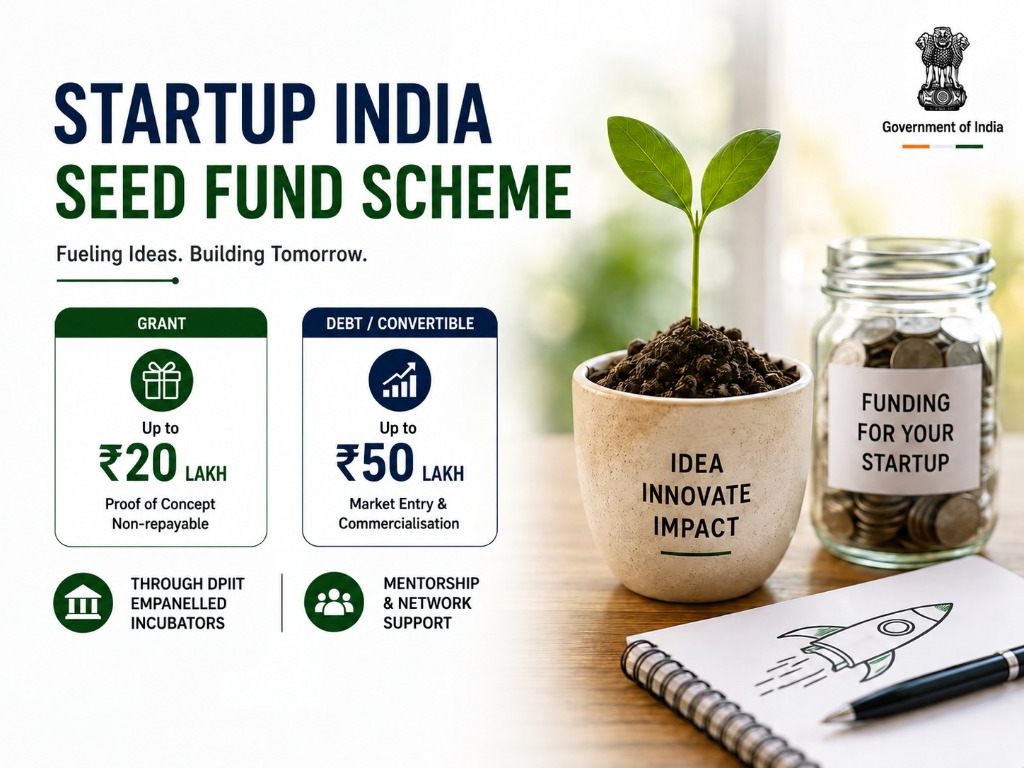 Startup India Seed Fund Scheme Breakdown - Grant up to 20 Lakhs, Debt up to 50 Lakhs